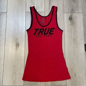 True Religion "True And Free" Ribbed Muscle Tank Top Red & Black Rhinestones L
